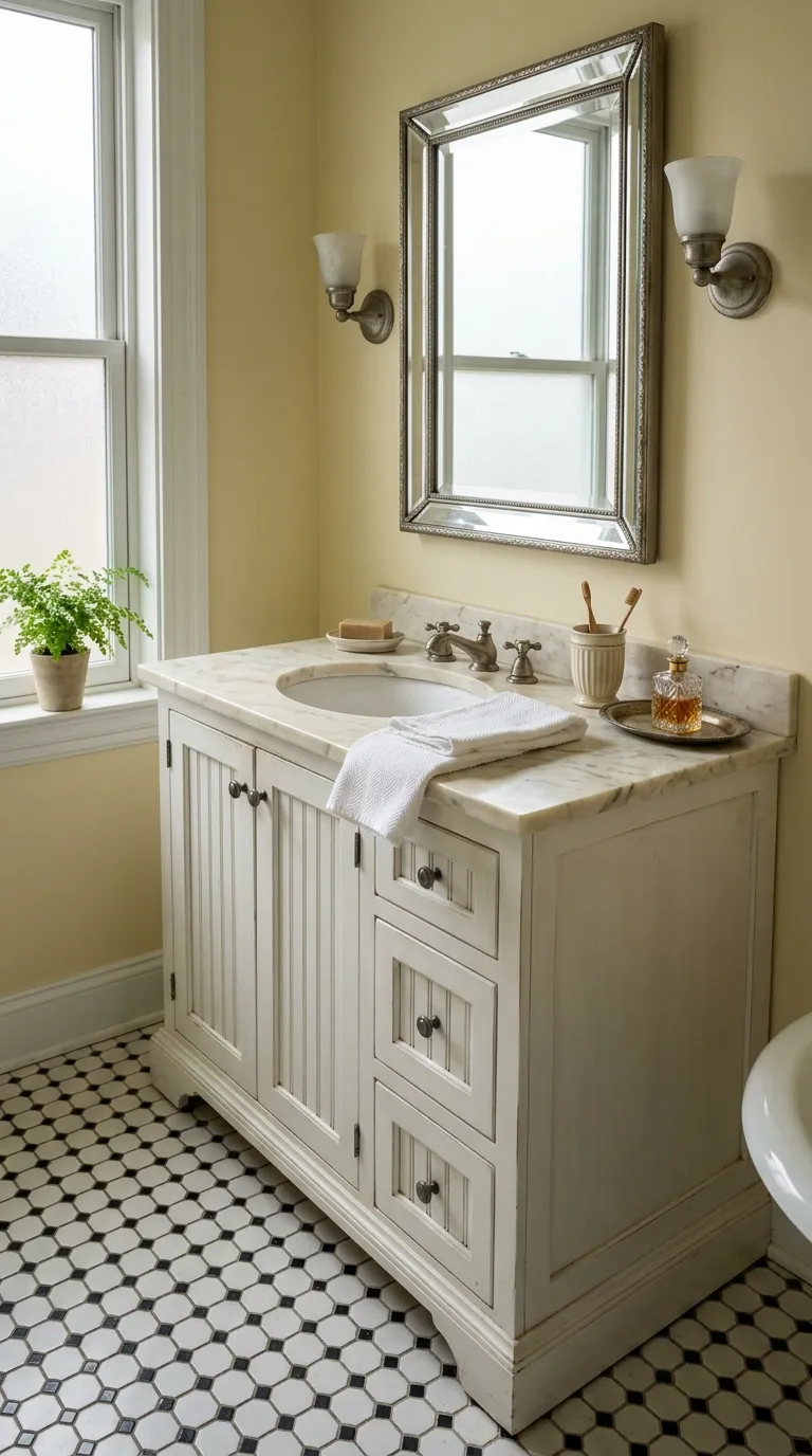 white bathroom vanity ideas Vintage-Inspired White Bathroom Vanity
