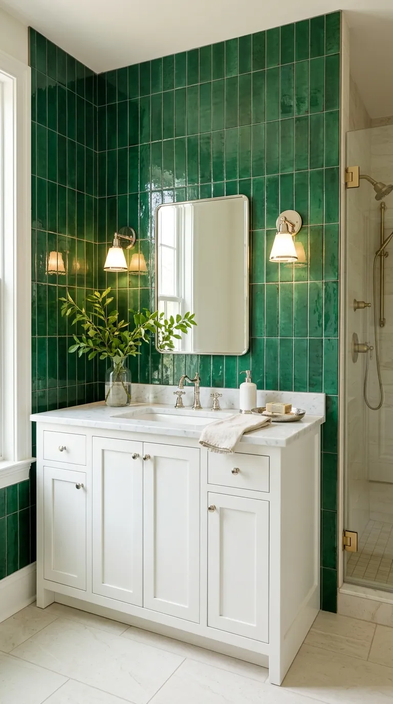 white bathroom vanity ideas White Vanity With a Rich Tile Backsplash