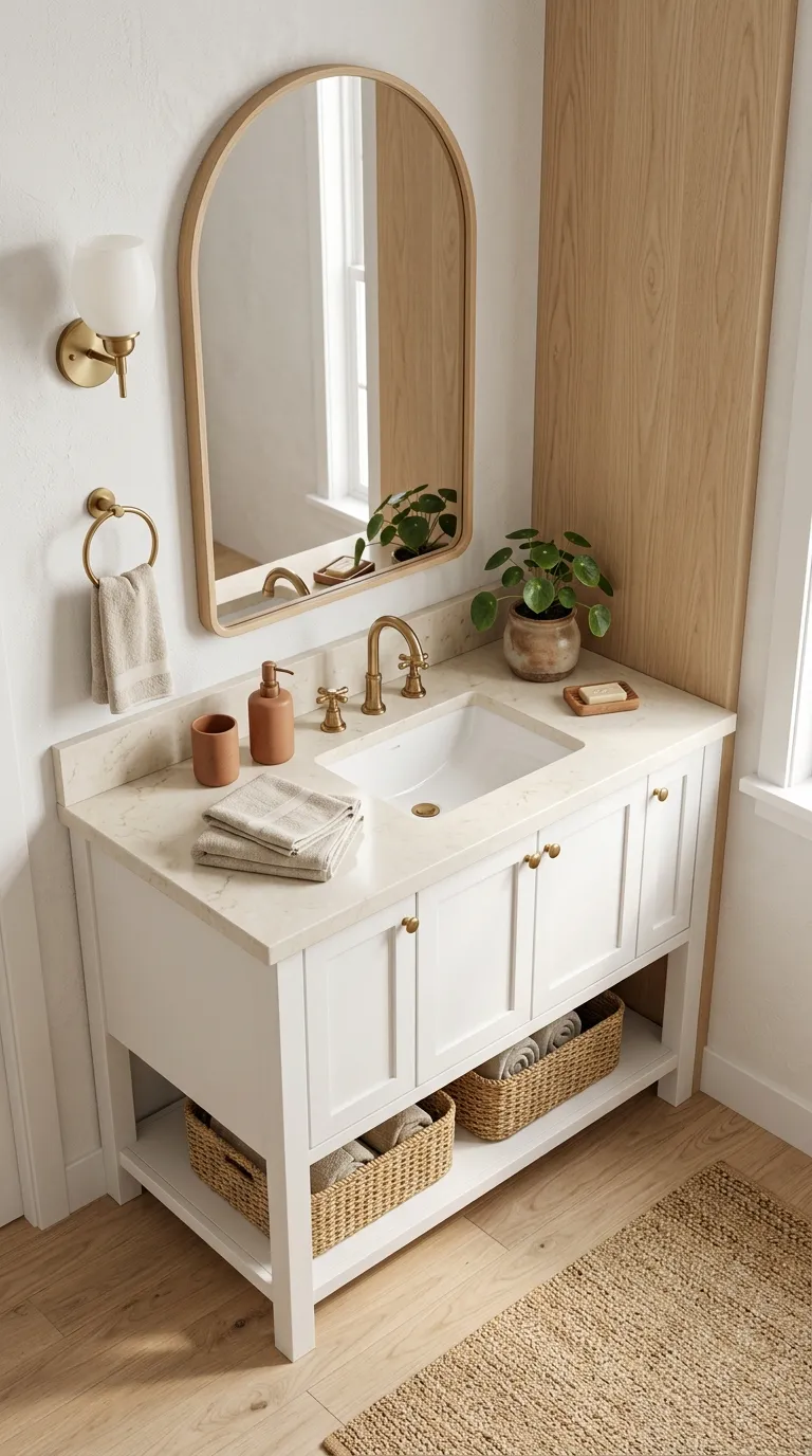 white bathroom vanity ideas White Vanity With a Statement Mirror