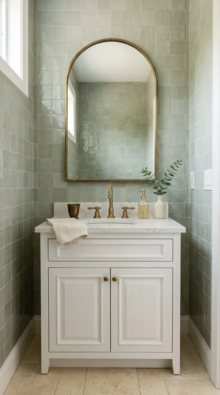 white bathroom vanity ideas White Vanity With Arched Mirror