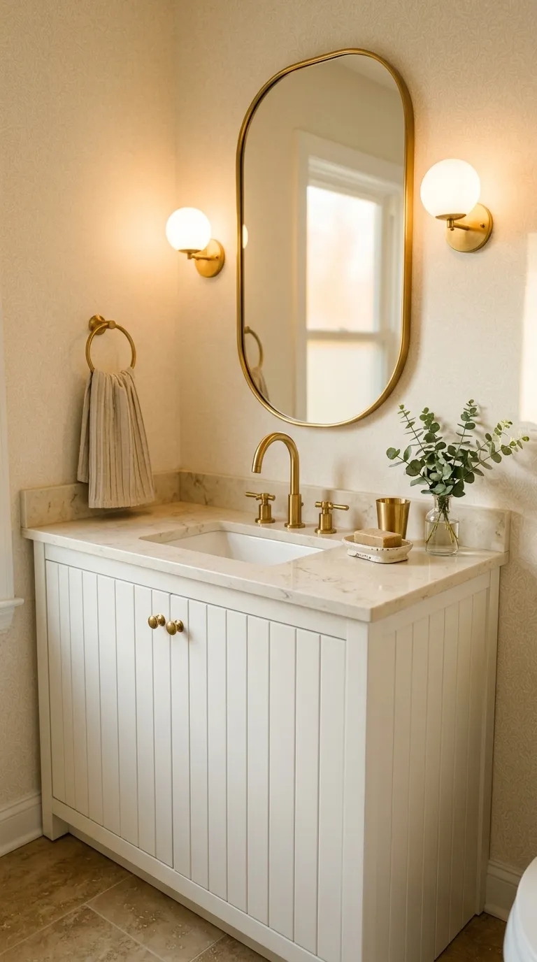 white bathroom vanity ideas White Vanity With Brass Fixtures