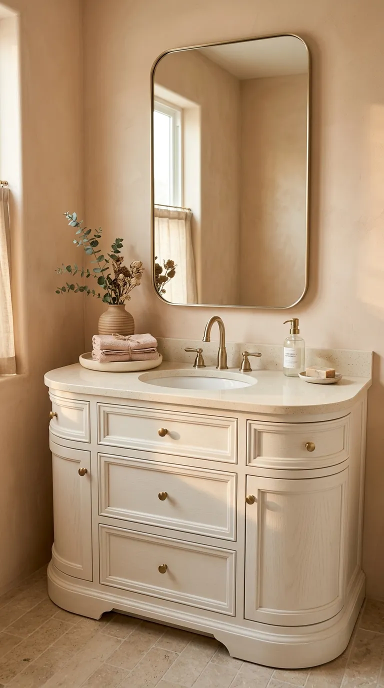 white bathroom vanity ideas White Vanity With Curved Cabinet Details