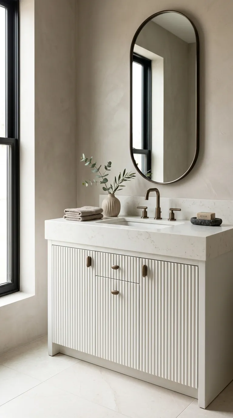 white bathroom vanity ideas White Vanity With Fluted Cabinet Doors