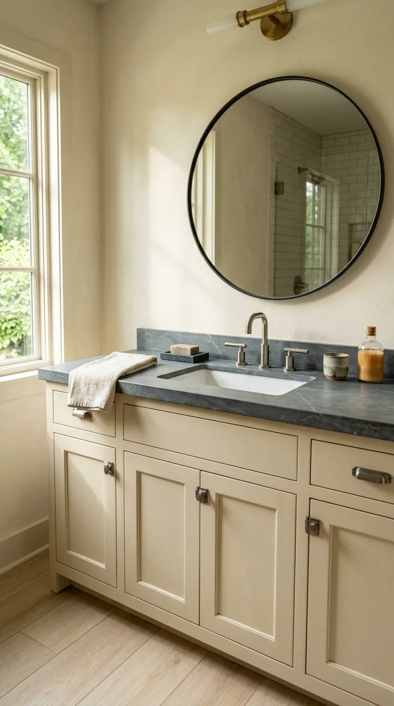 white bathroom vanity ideas White Vanity With Natural Stone Countertop