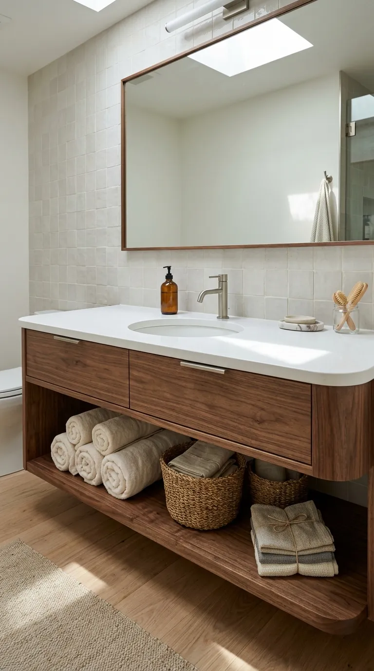 white bathroom vanity ideas White Vanity With Open Shelving