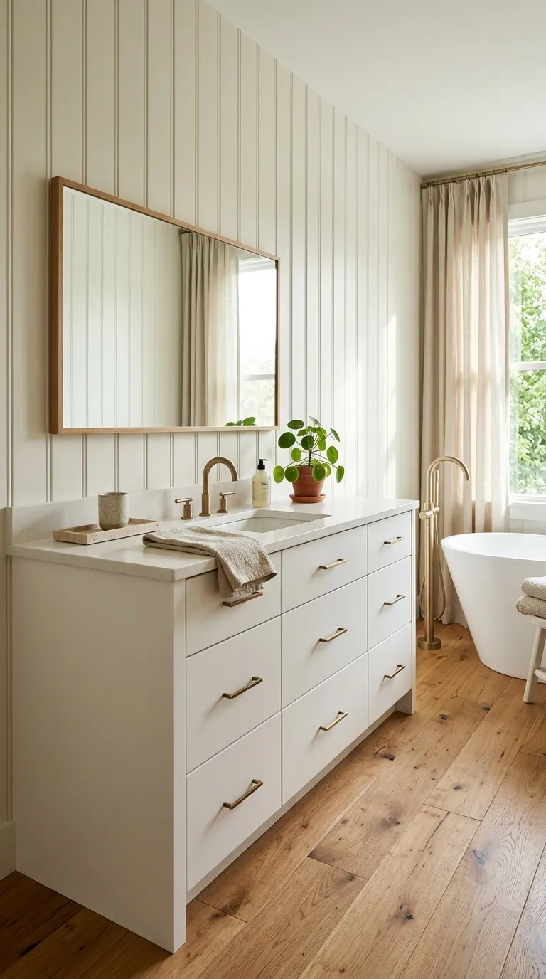 white bathroom vanity ideas White Vanity With Vertical Wall Paneling