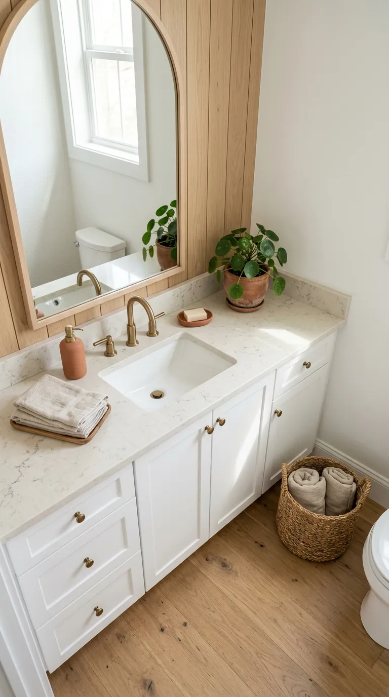white bathroom vanity ideas White Vanity With Warm Wood Accents