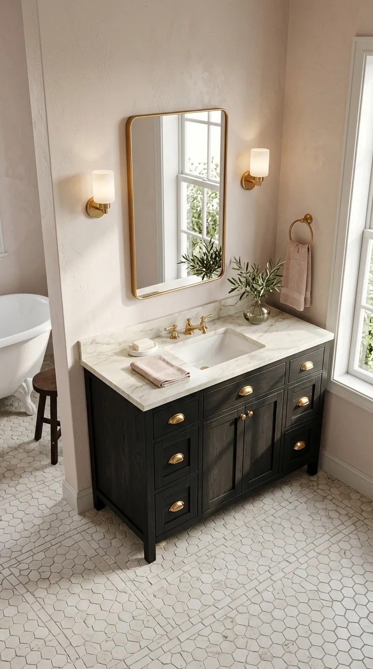 wood bathroom vanity ideas Black-Stained Wood Vanity With Gold Hardware