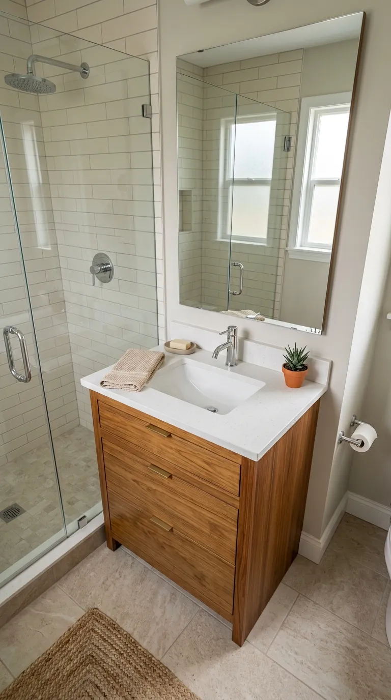 wood bathroom vanity ideas Compact Teak Vanity for a Small Bathroom