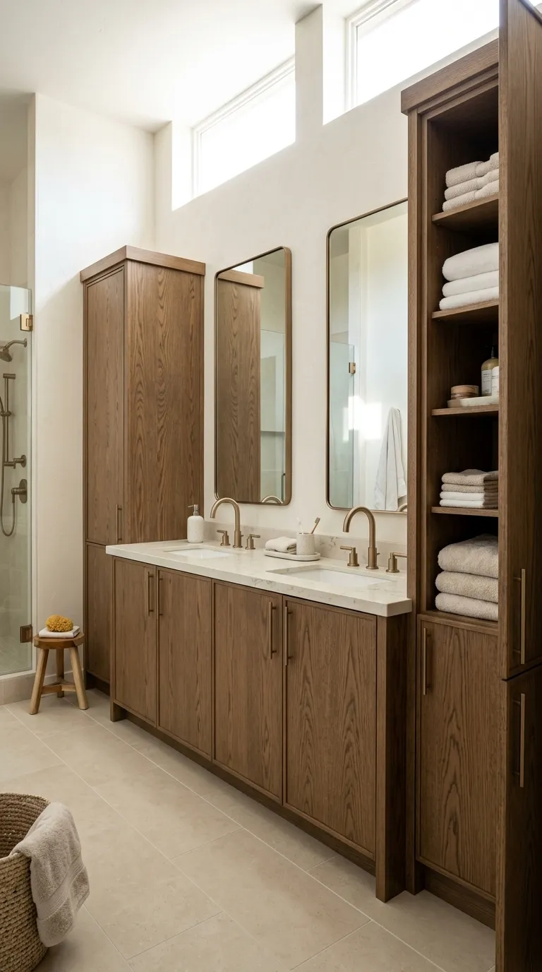 wood bathroom vanity ideas Custom Wood Vanity With Built-In Linen Storage