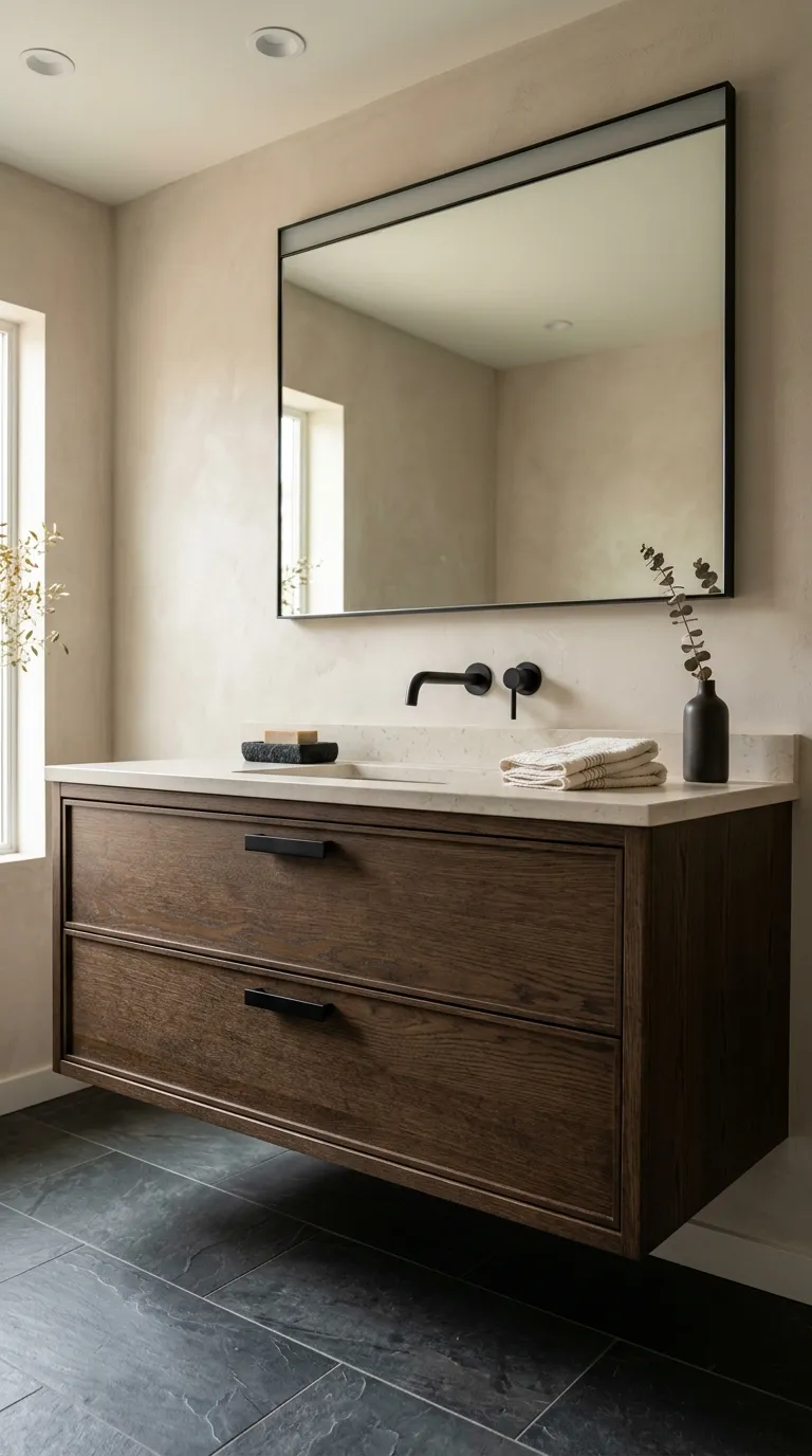 wood bathroom vanity ideas Dark Wood Vanity With Matte Black Fixtures