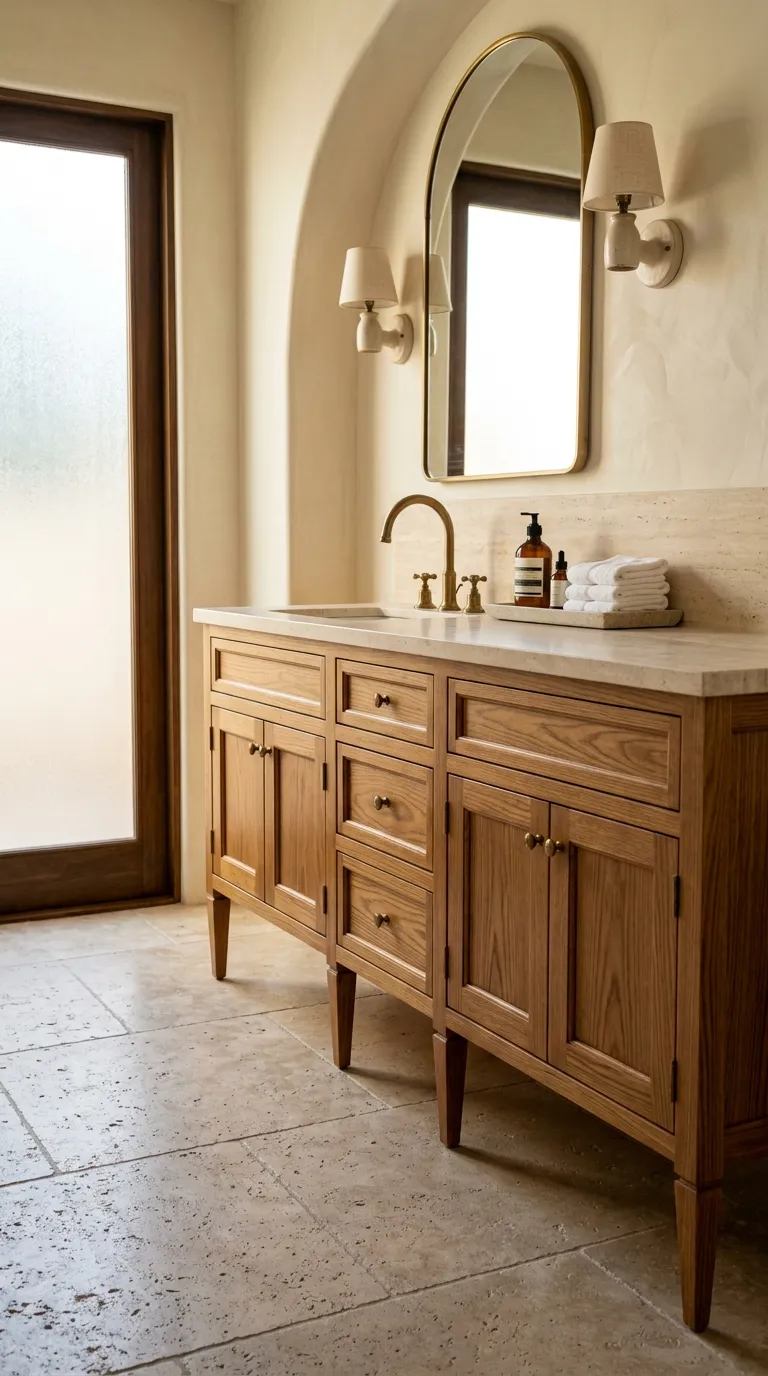 wood bathroom vanity ideas Furniture-Style Wood Vanity With Brass Details