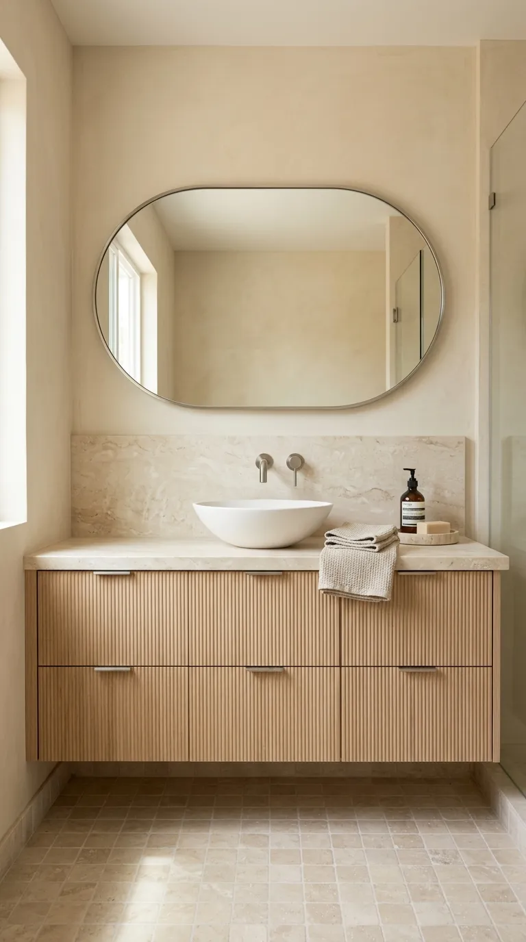 wood bathroom vanity ideas Light Wood Vanity With Fluted Drawer Fronts