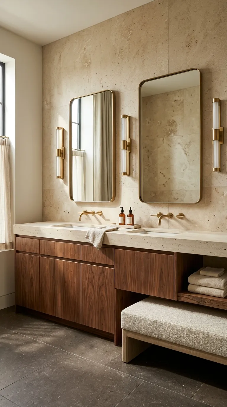 wood bathroom vanity ideas Luxe Walnut Vanity With Stone Wall