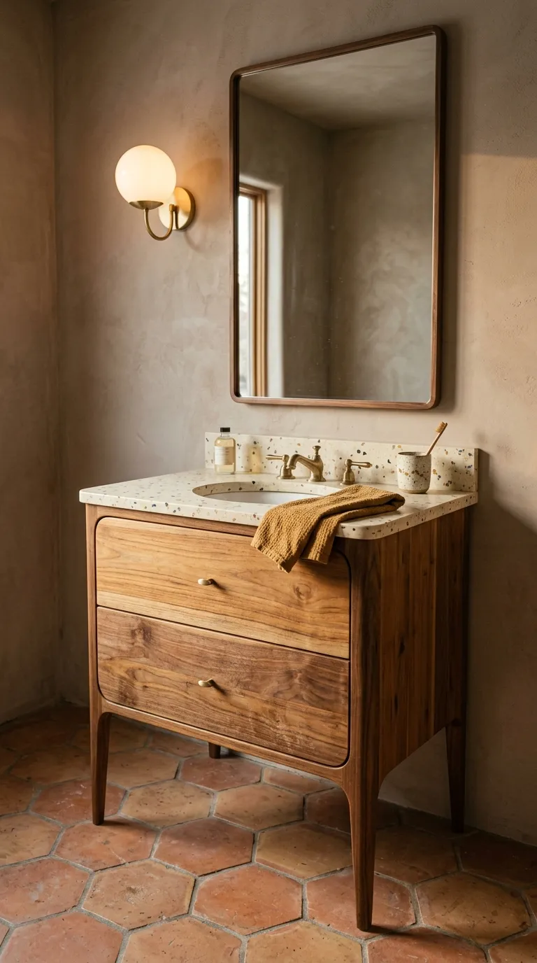 wood bathroom vanity ideas Mid-Century Wood Vanity With Rounded Edges