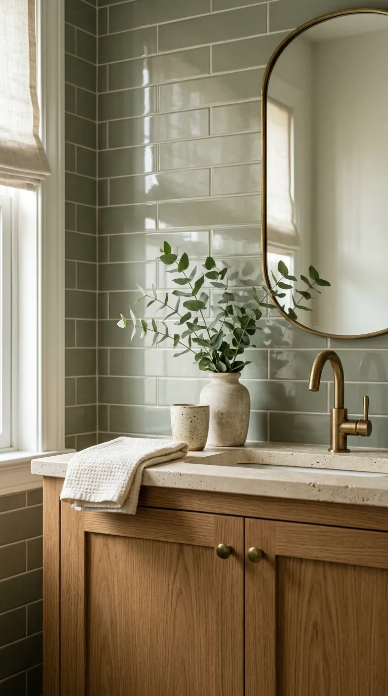 wood bathroom vanity ideas Natural Wood Vanity With Green Tile