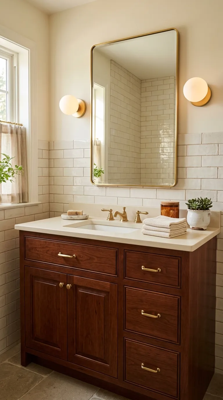 wood bathroom vanity ideas Rich Cherry Wood Vanity With Cream Tile