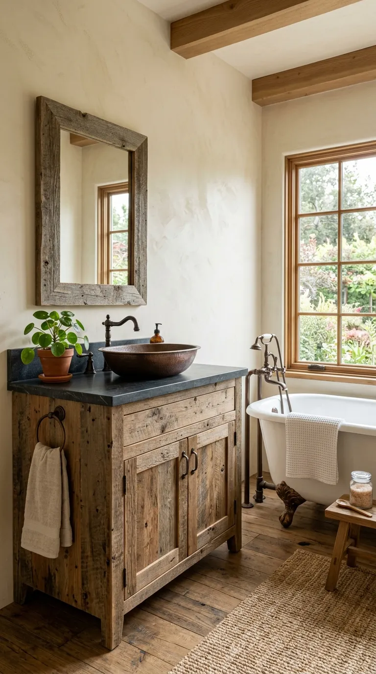 wood bathroom vanity ideas Rustic Wood Vanity With Stone Countertop