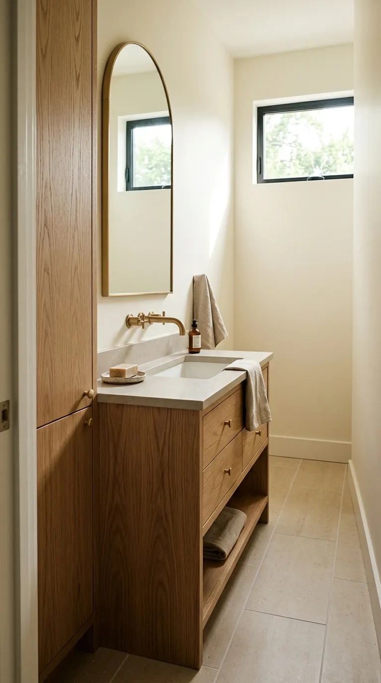 wood bathroom vanity ideas Slim Wood Vanity for a Narrow Bathroom