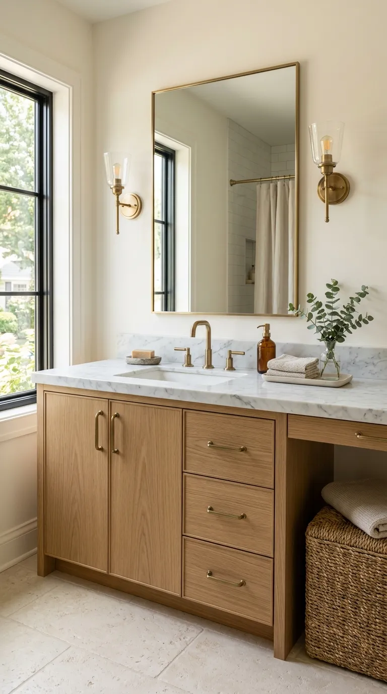 wood bathroom vanity ideas Warm Oak Vanity With Marble Countertop