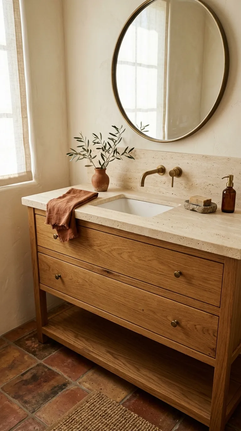 wood bathroom vanity ideas Warm Wood Vanity With Terracotta Accents