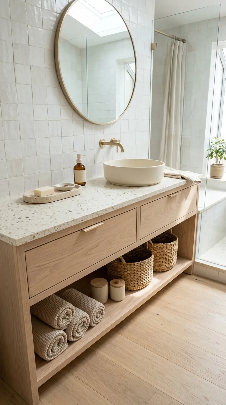 wood bathroom vanity ideas White Oak Vanity With Open Shelf Storage