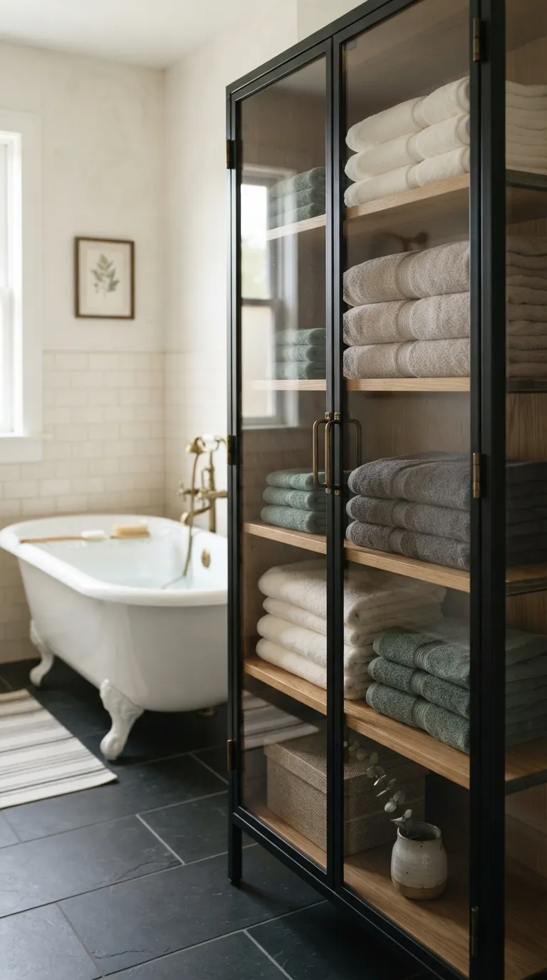 bathroom towel decorating ideas for a luxury look Display Folded Towels in a Glass Cabinet