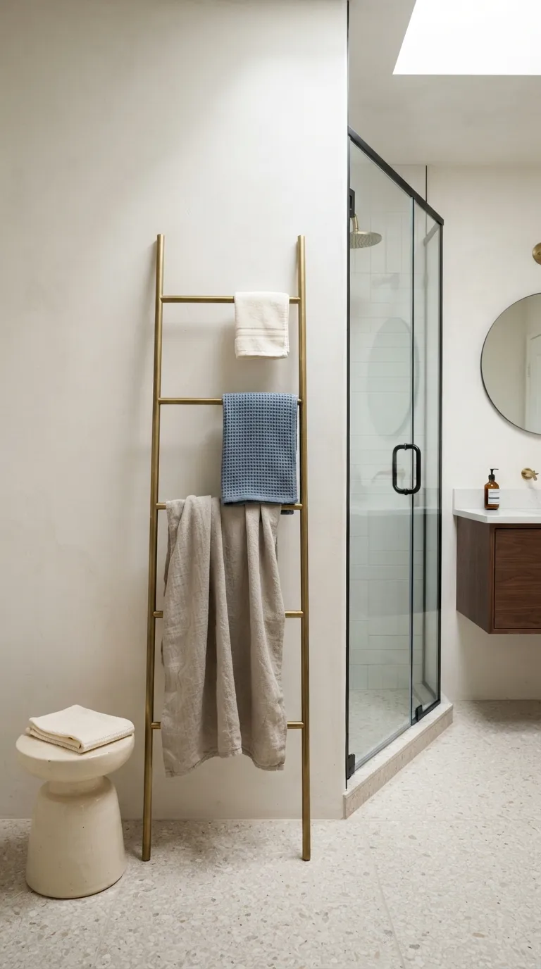 bathroom towel decorating ideas for a luxury look Display Towels on a Slim Brass Ladder