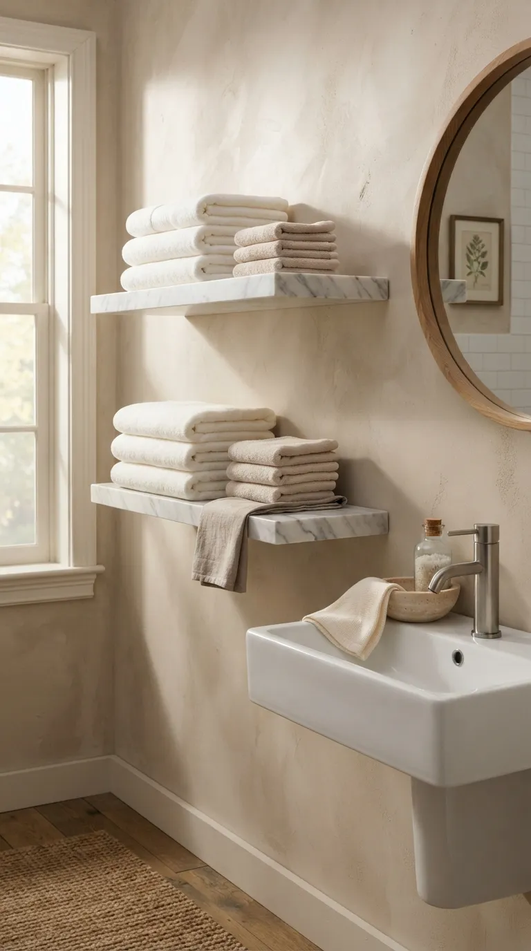 bathroom towel decorating ideas for a luxury look Frame Towels With Open Marble Shelving