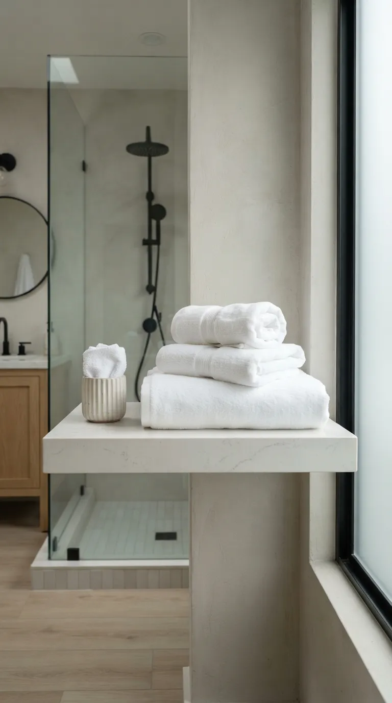 bathroom towel decorating ideas for a luxury look Layer White Towels for a Hotel-Style Finish