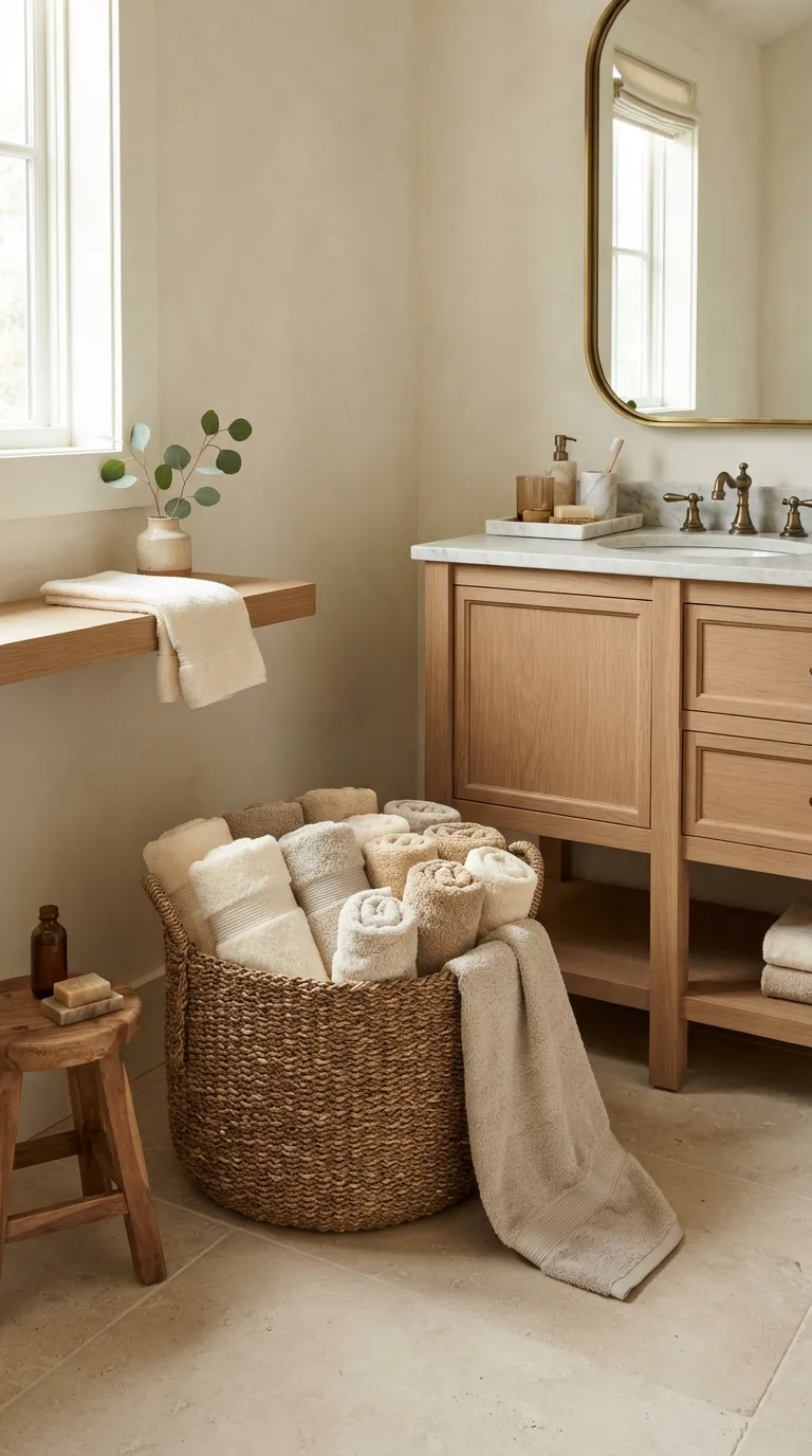 bathroom towel decorating ideas for a luxury look Roll Towels Inside a Textured Basket