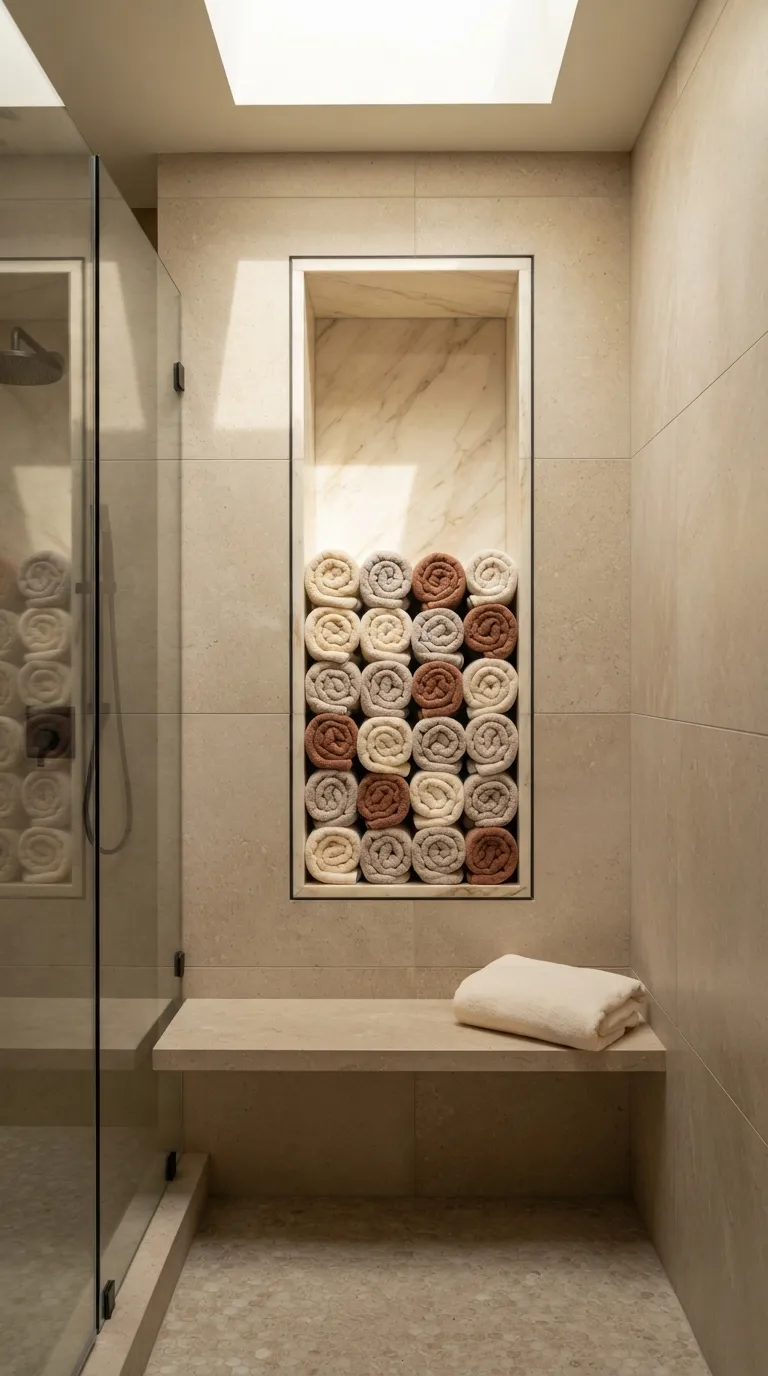 bathroom towel decorating ideas for a luxury look Stack Rolled Towels in a Built-In Niche