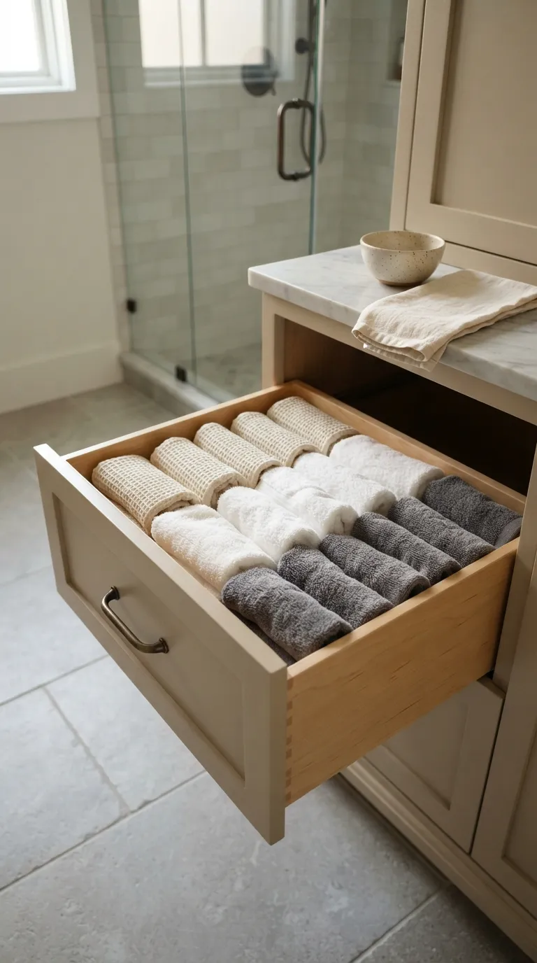 bathroom towel display ideas for guest bathrooms Arrange Towels in a Built-In Linen Drawer