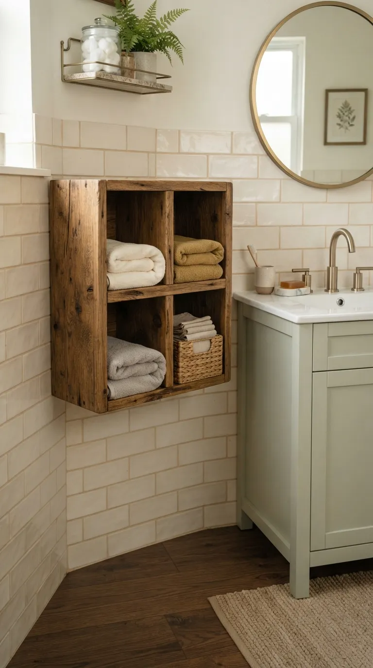 bathroom towel display ideas for guest bathrooms Fold Towels in a Reclaimed Wood Cubby