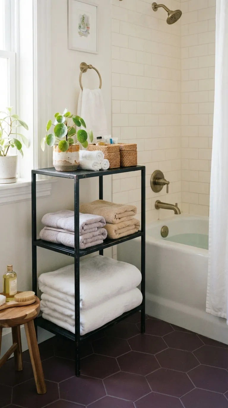 bathroom towel display ideas for guest bathrooms Layer Towels on a Freestanding Etagere