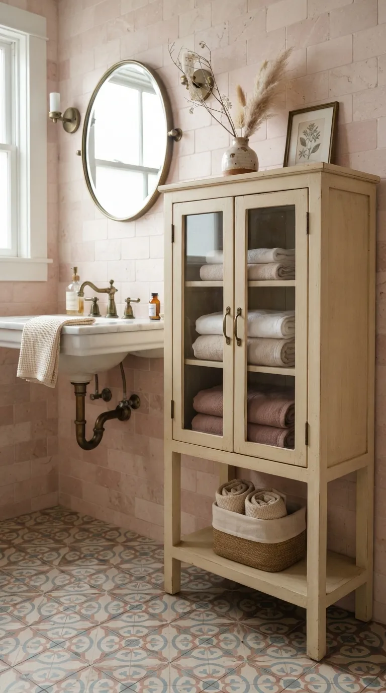 bathroom towel display ideas for guest bathrooms Place Towels in a Vintage-Style Cabinet
