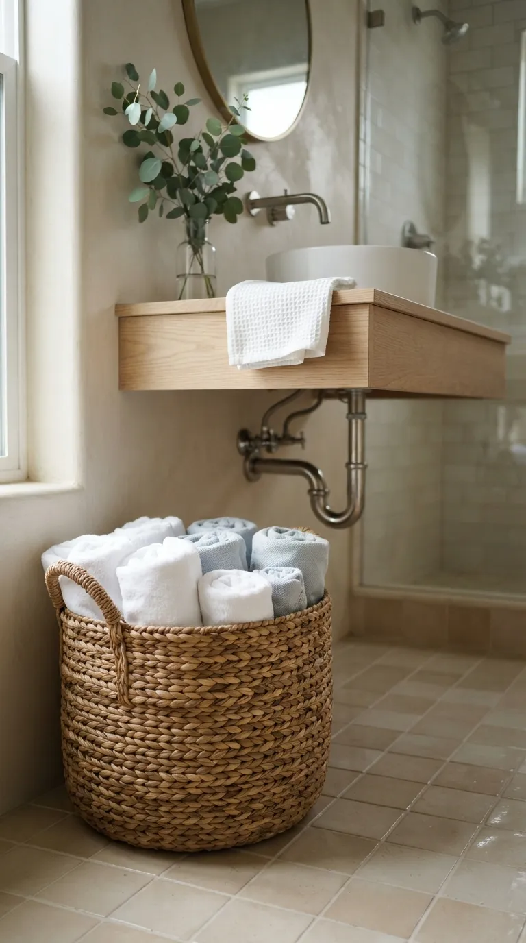 bathroom towel display ideas for guest bathrooms Stack Rolled Towels in a Woven Basket