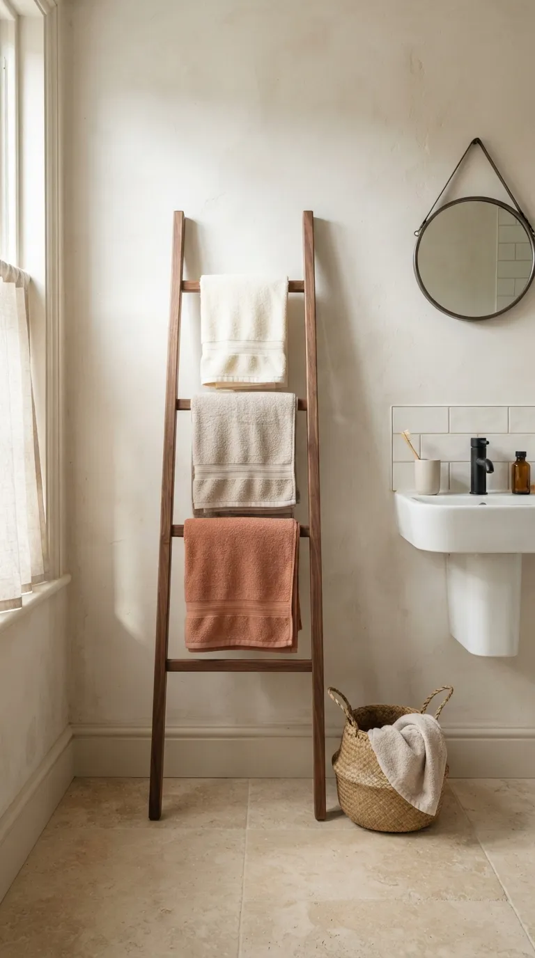 bathroom towel display ideas for guest bathrooms Style a Slim Wooden Towel Ladder