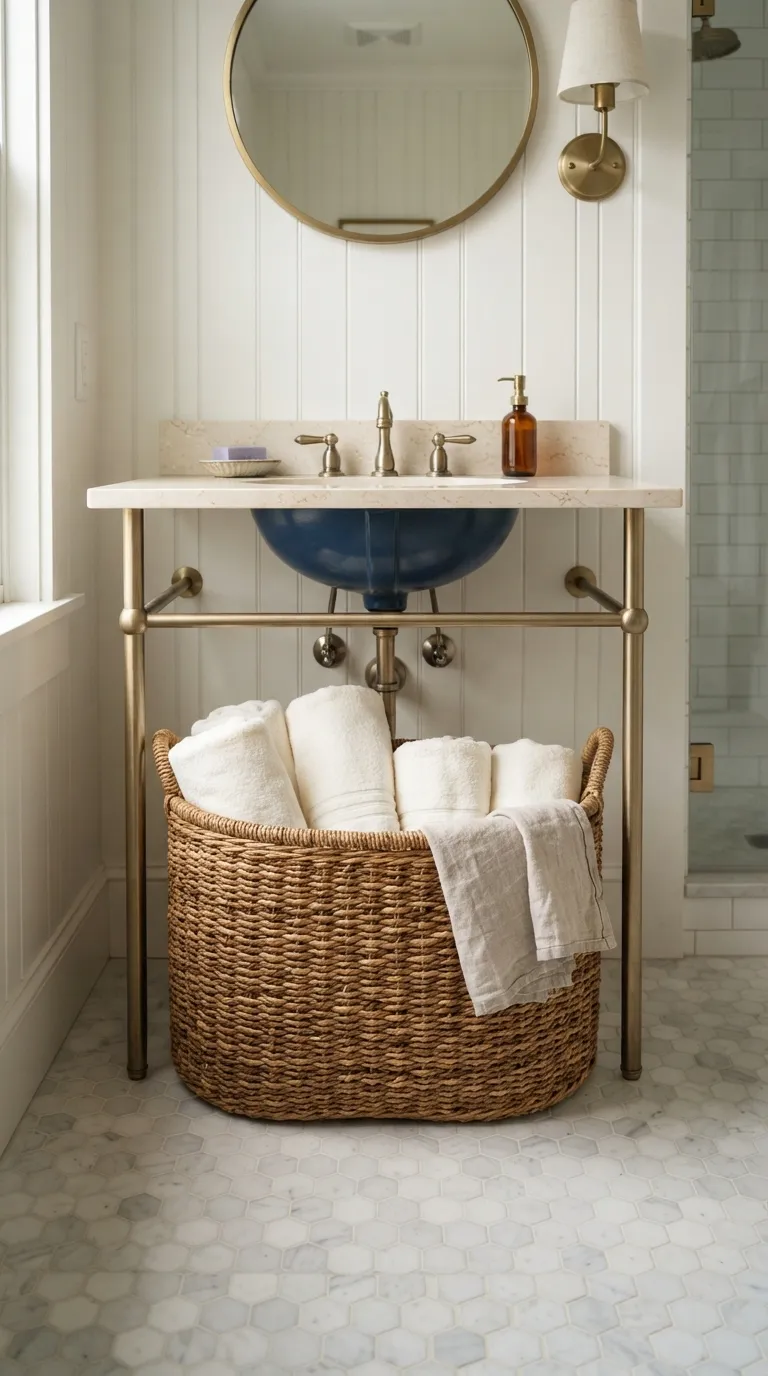 bathroom towel display ideas for guest bathrooms Style a Towel Basket Beneath a Console Sink