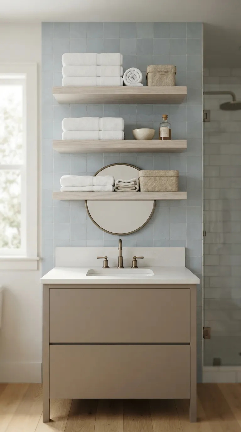 bathroom towel display ideas for guest bathrooms Use Open Shelves for a Boutique Look