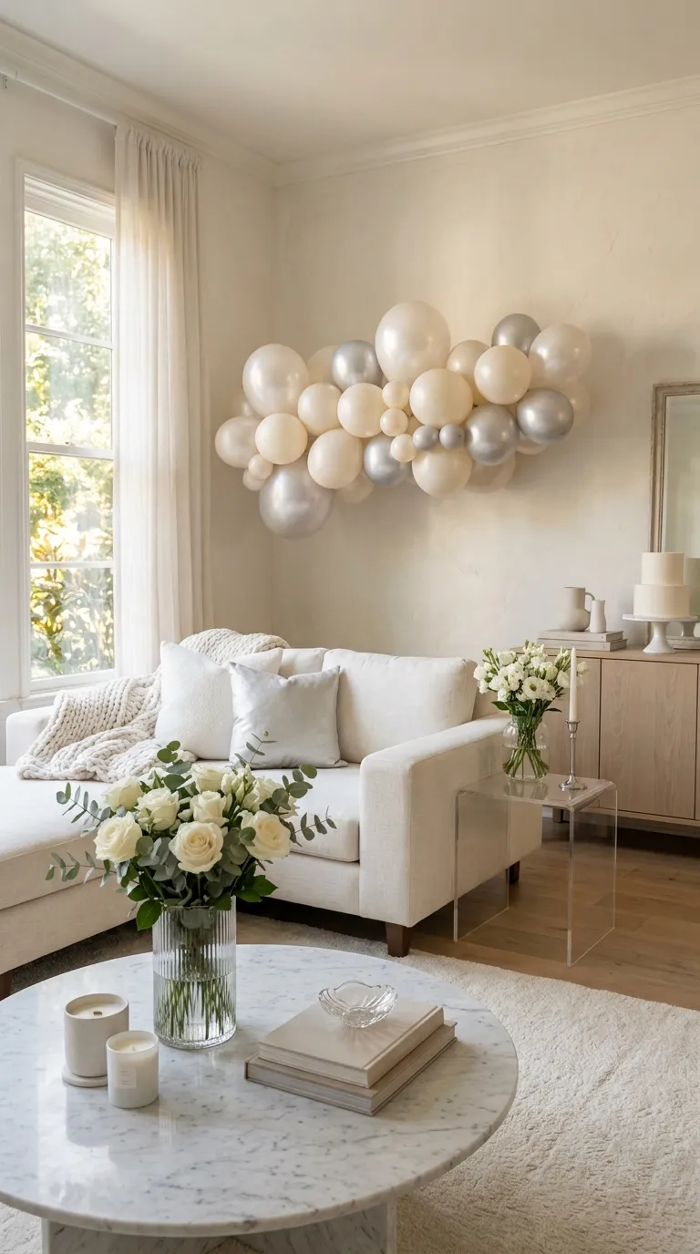 Birthday Living Room Pearl White Party Styling