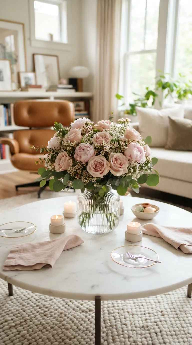 Birthday Theme Pink And White Blush Floral Centerpiece