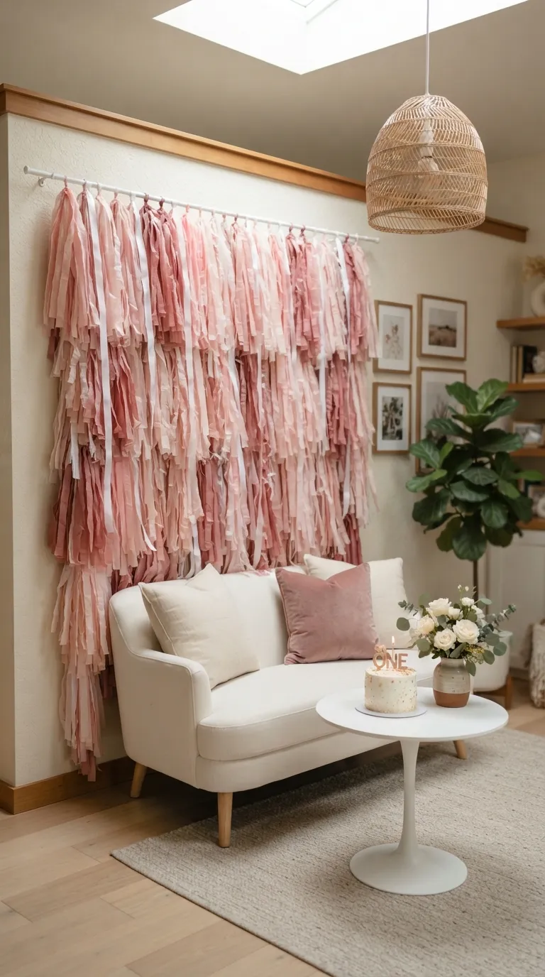 Birthday Theme Pink And White Pink Fringe Backdrop
