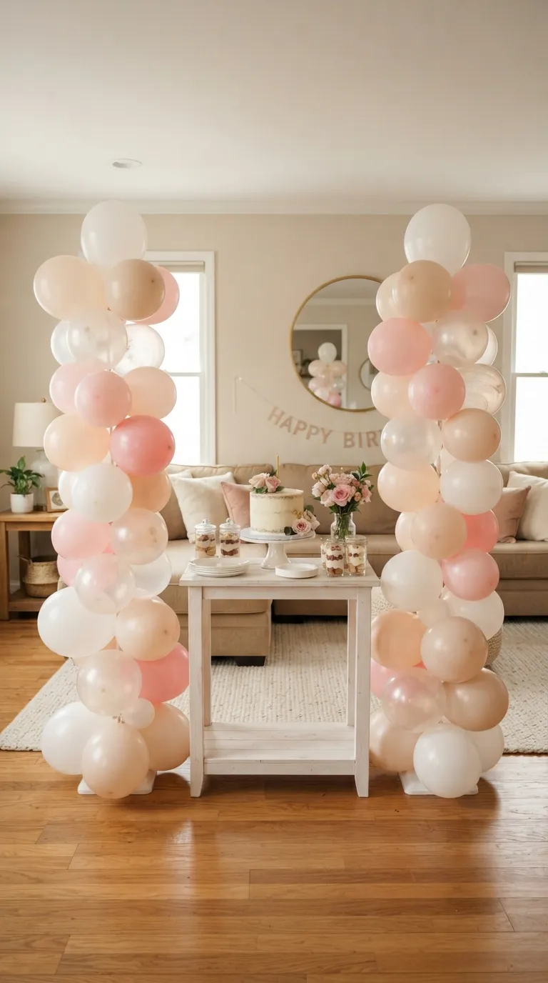 Birthday Theme Pink And White White Balloon Columns