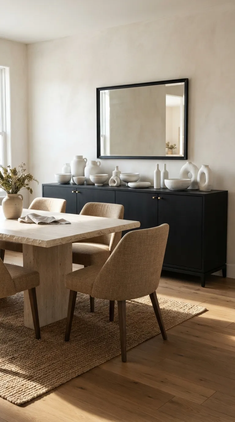 black and white dining room decor Black Buffet With White Ceramics