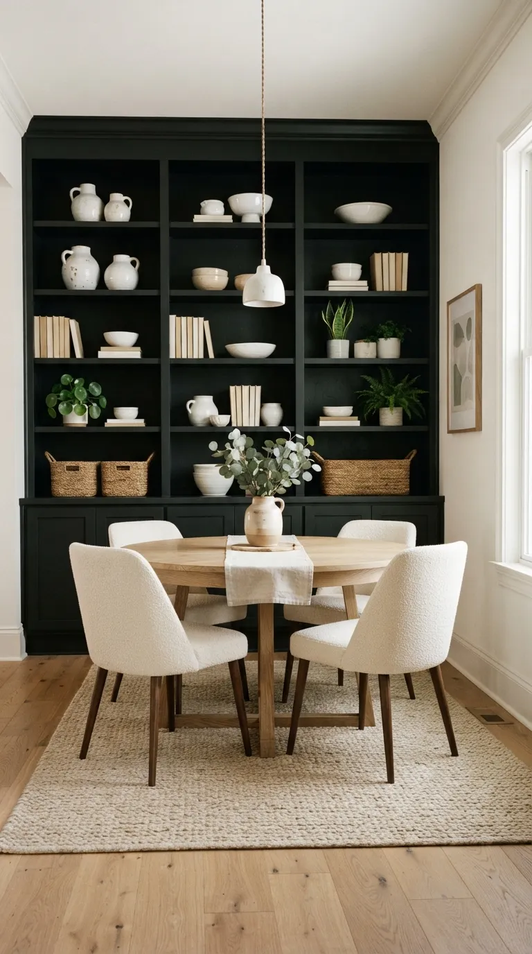 black and white dining room decor Black Built-In Shelving