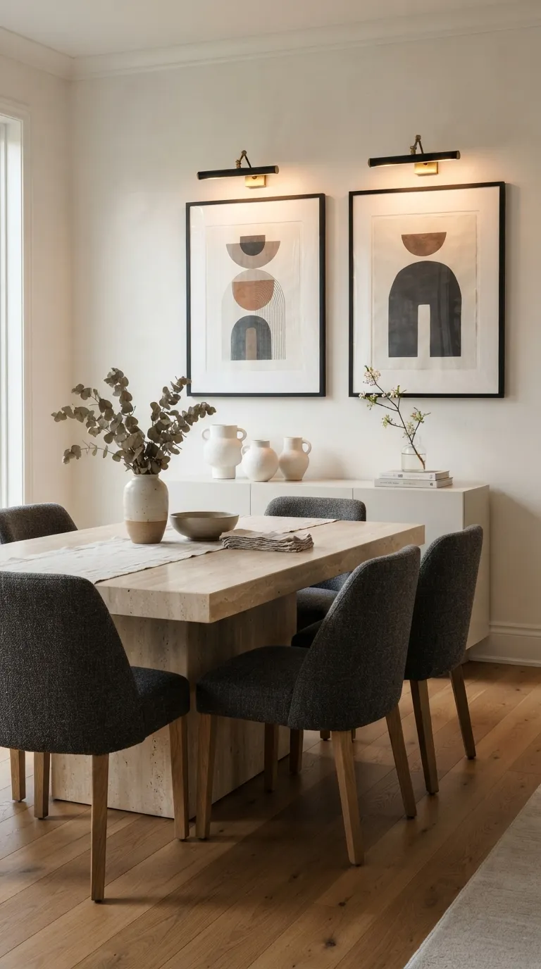 black and white dining room decor Black Picture Lights Over Artwork