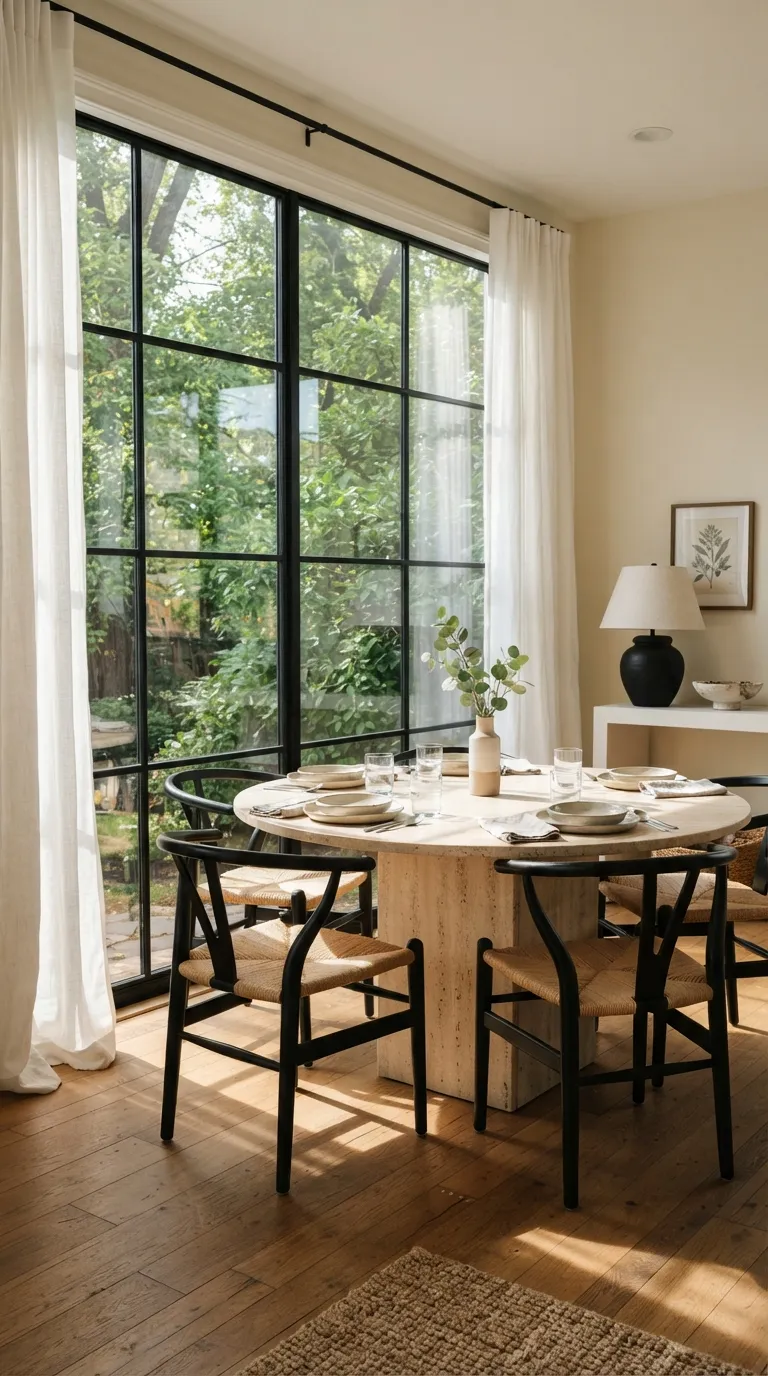 black and white dining room decor Black Window Frames and Linen Curtains