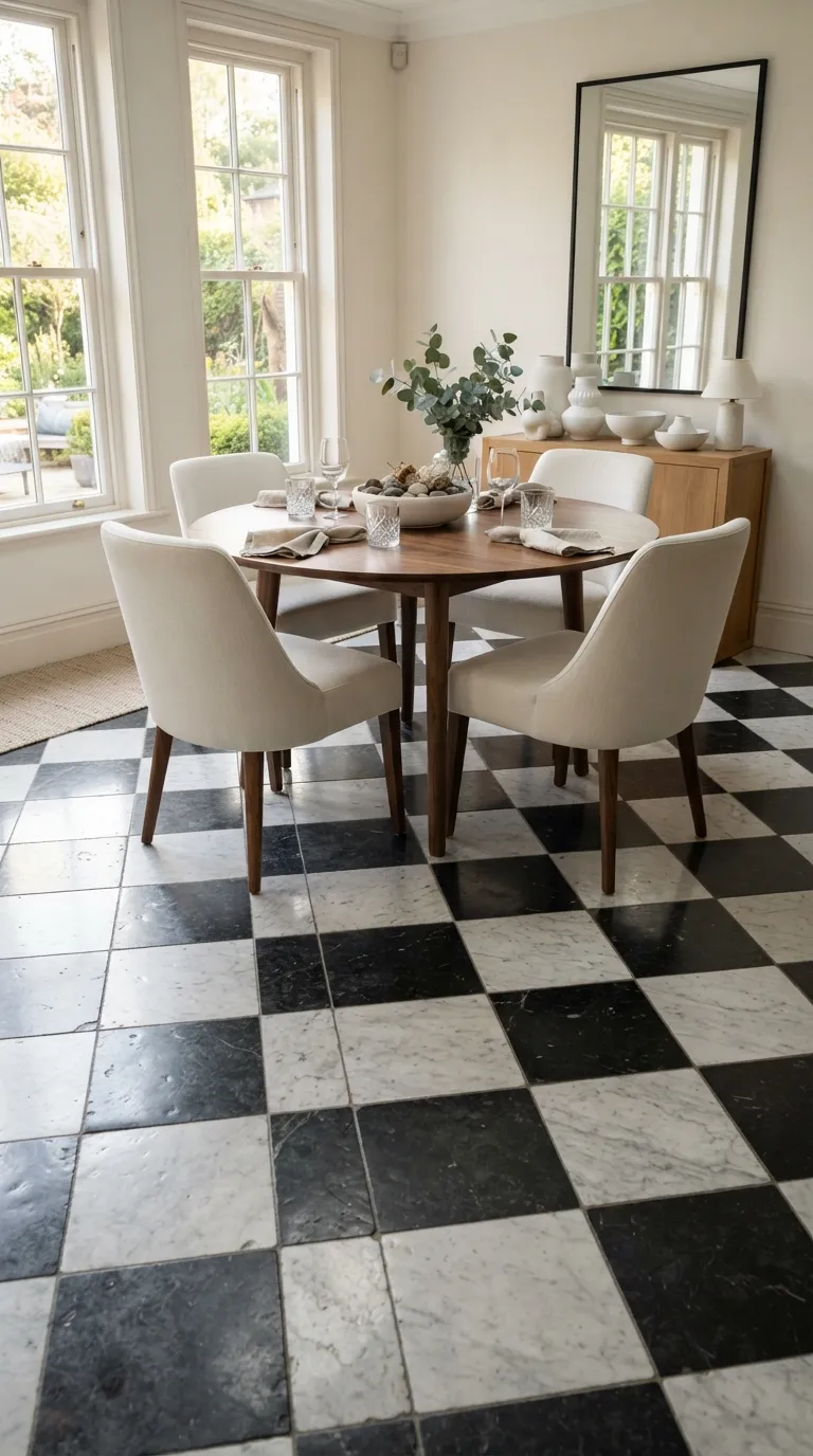 black and white dining room decor Checkerboard Floor With Simple Furniture