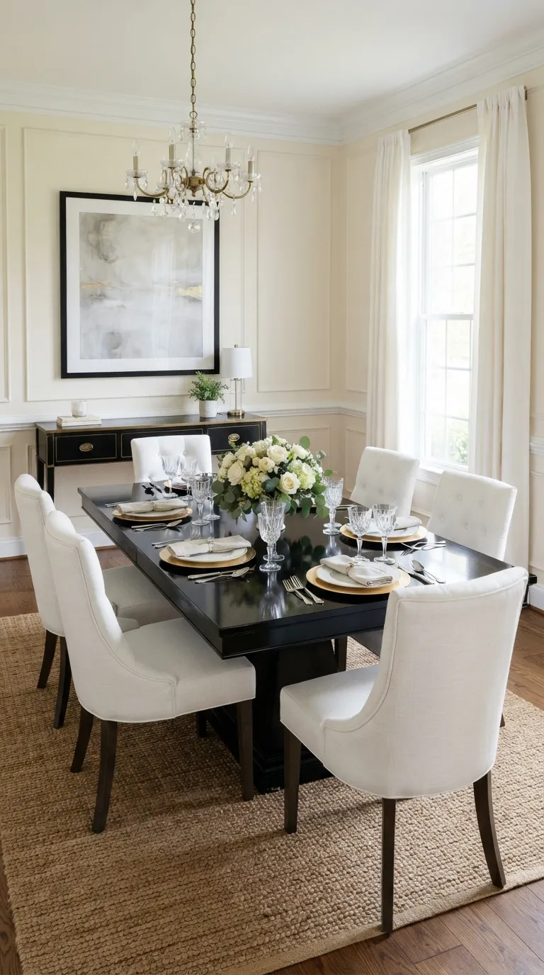 black and white dining room decor Classic Black Table With White Chairs